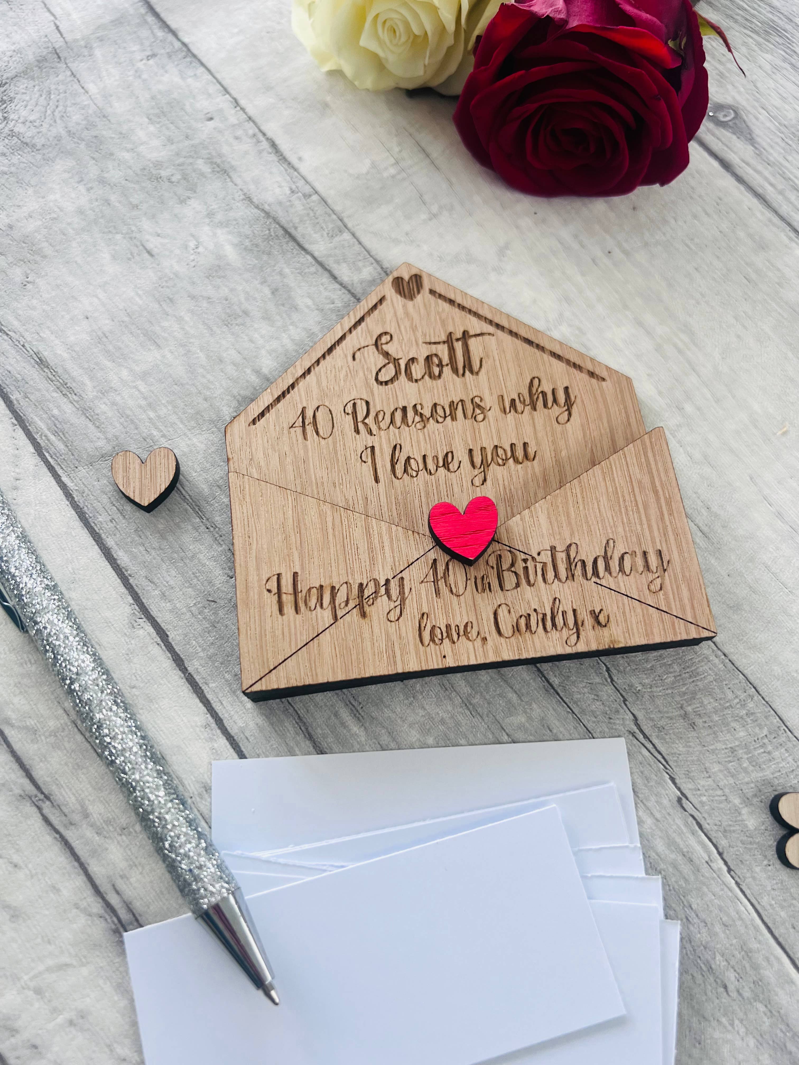 Personalised 40th Birthday Gift - Reasons Why I Love You Box - Custom Engraved Wooden Tokens for Him or Her